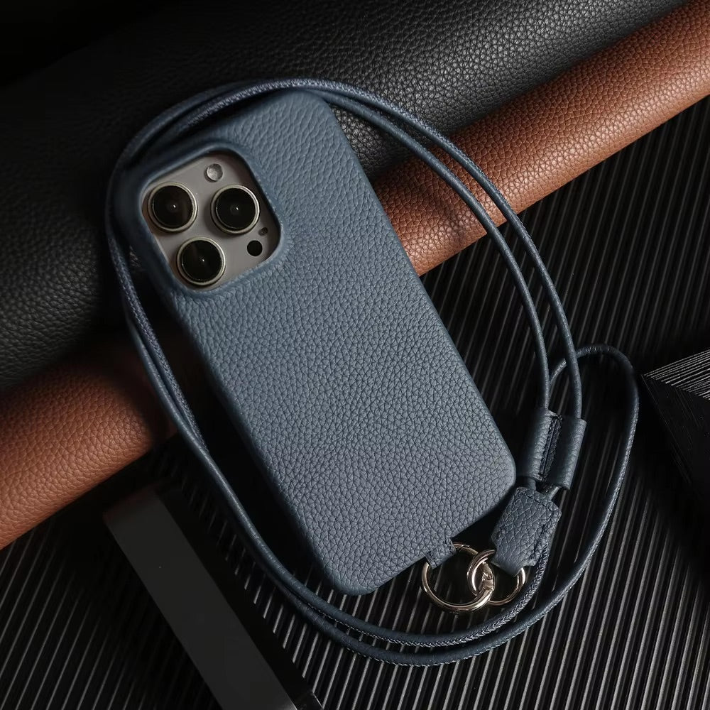 Phone case with strap - Leather Midnight Blue Edition